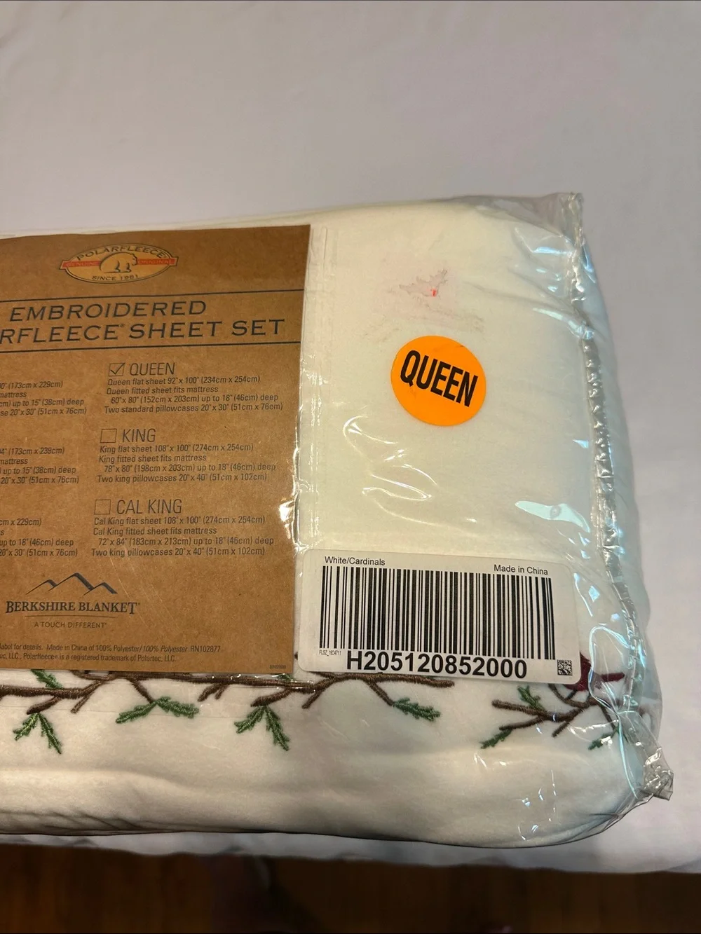Berkshire Embroidered Polarfleece Sheet Set in White with Red Cardinal